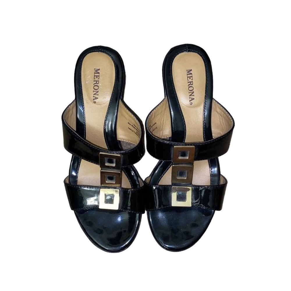 Merona Wedge Heel Sandals Women's Size US 6.5 Black Patent Leather Gold Accents